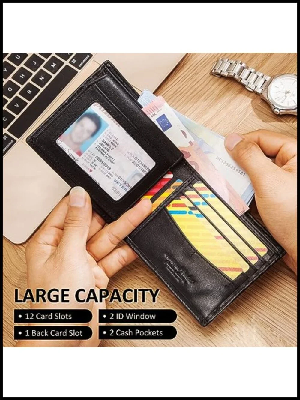 Genuine Leather Bifold Wallet with Chain RFID Blocking 13 Card Slots 2 ID